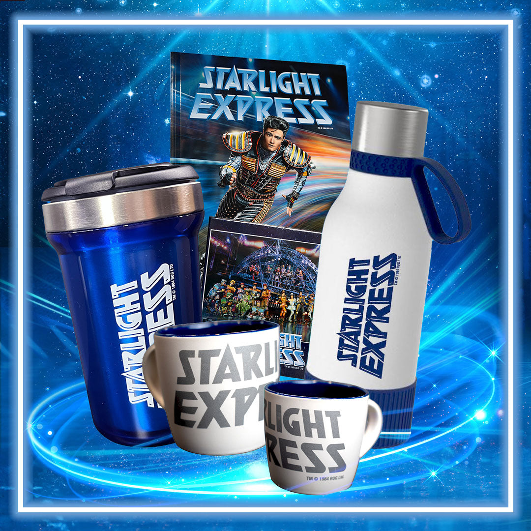 Unterschiedliche Starlight Express Fanshop Artikel werden in einer Collage zusammen dargestellt.