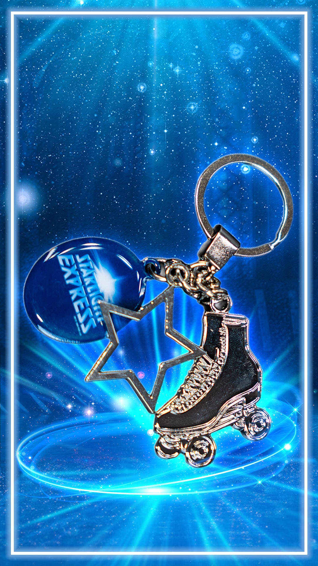 Schlüsselanhänger mit unterschiedlichen Starlight Express Motiven wie Logo,  ein Rollschuh und einem Stern