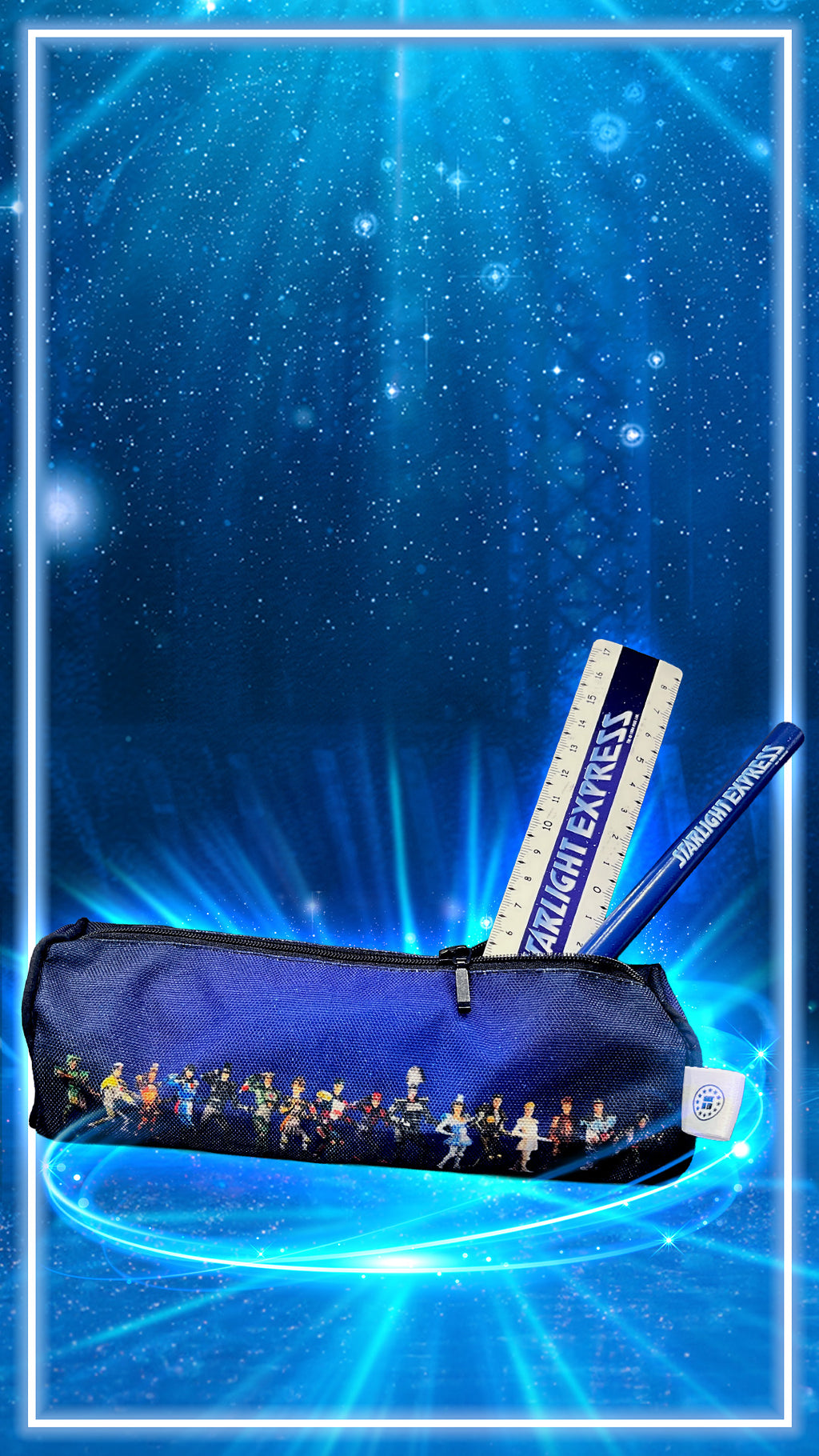 Schüler Etui - Set bestehend aus Stifte-Etui (bedruckt mit Starlight Express Charakteren), einem Regenbogenstift (bedruckt mit Starlight Express Logo) und einem kurzen Lineal (bedruckt mit Starlight Express Logo)