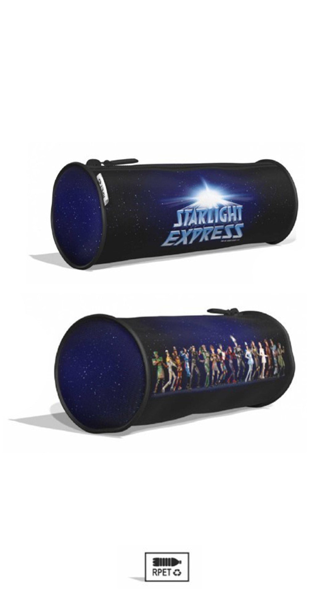 Stifte-Etui bedruckt mit Starlight Express Charakteren auf einer Seite und dem Starlight Express Log auf der anderen Seite. Etui ist von beiden Seiten sichtbar.