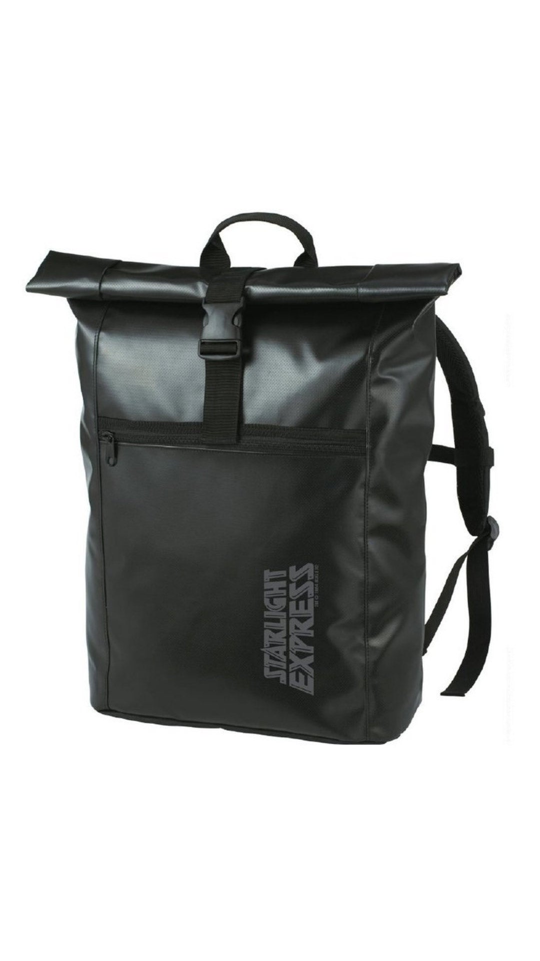 Einzelaufnahme des schwarzen Rucksacks aus LKW-Plane mit Starlight Express Logo - Frontansicht.